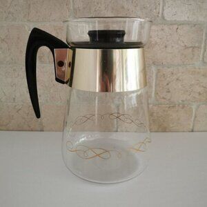 Vintage Corning MCM Coffee Carafe 6-Cup, Black Gold Scroll Pattern Kitchen Decor